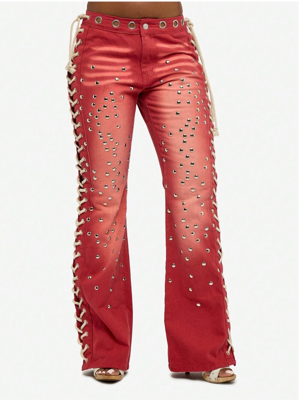 Sumwon Bell Bottom Flare Jeans L Red Grommet Low Rise Lace-Up Studs Y2K Street